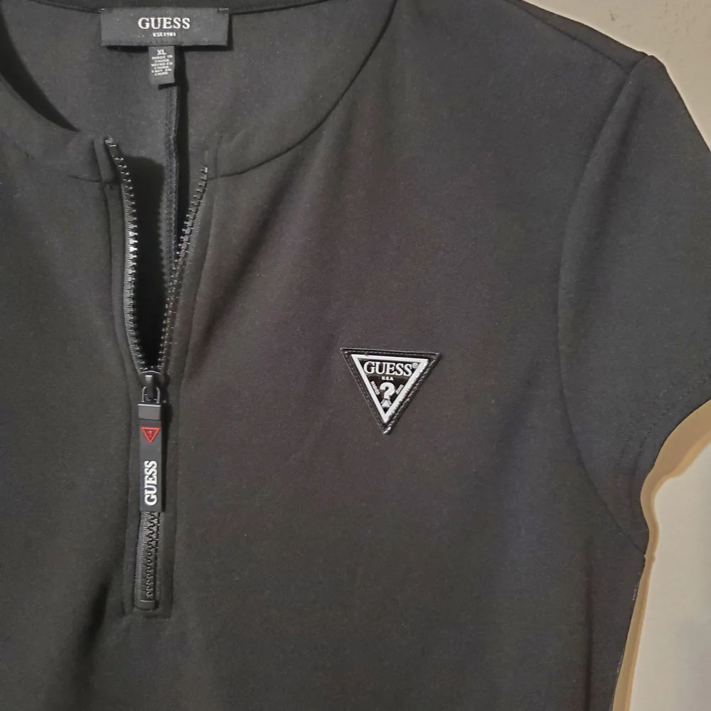 Y2K GUESS Black Logo Tape Quarter Zip Bodycon Scuba Mini Dress XL Athleisure - Picture 2 of 5